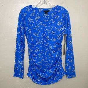 HALOGEN Blue Camp Moxie Floral Top V Neck Ruched Sides Popover Long Sleeve NWT